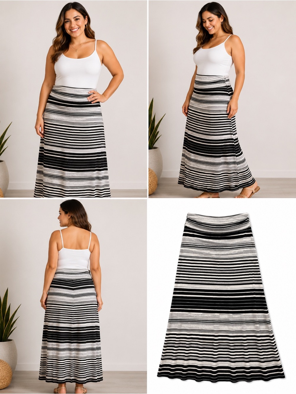 Tiffany & Grey Womens Large Maxi Skirt Black White Striped Stretch Pull On USA